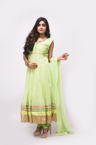 Ghera Salwar Suits - Cotton, Ankle Length, Light Green | Gold Embroidery, Elegant Design, Comfortable Fit, Stylish Look, Multiple Sizes