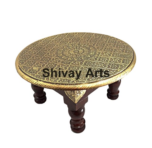 Wooden MDF & Brass Handcrafted Round Chowki Bajot