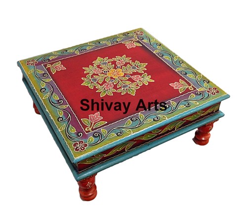Wooden Handcrafted Beautifully Embossed Multicolored Chowki Bajot