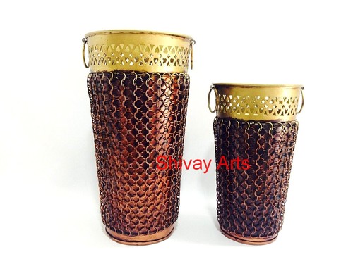 Copper Colored Metal Iron Jali Vase - Set of 2