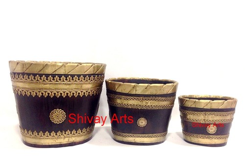 Wooden & Brass Handcrafted Big Medium And Small Vase/Planter - Set Of 3