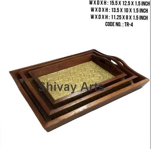 Wooden & Brass Serving / Decorative Tray - Set Of 3