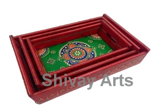 Wooden Handcrafted Embossed Serving / Decorative Tray - Set Of 3