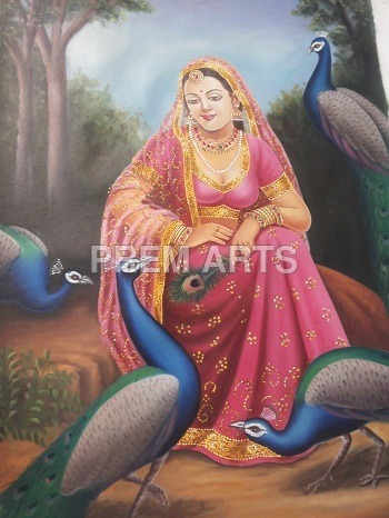 Oil Painting Of Lady With Peacock On Canvas Size: 3X4 Inch To 10 Feet.