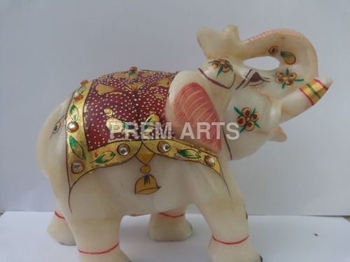 Marble Trunk Up Elephant - Stone, 9 Inches | Multi Colors, Antique Imitation Style, Folk Art, Hand-Craved & Painted Floral Design, Decorative Use