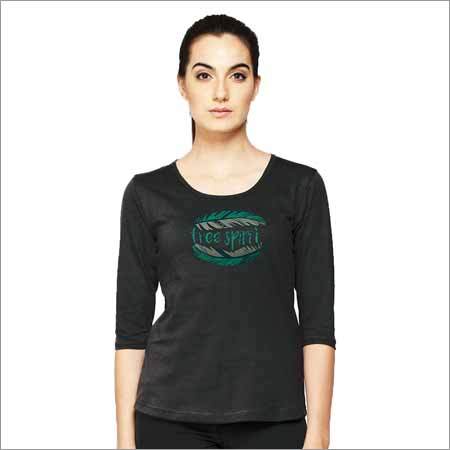 Free Spirit Women's Printed Round Neck 3-4th Sleeve Asphalt Grey T-Shirt