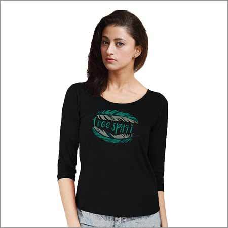Free Spirit Women's Printed Round Neck 3-4th Sleeve Black T-Shirt
