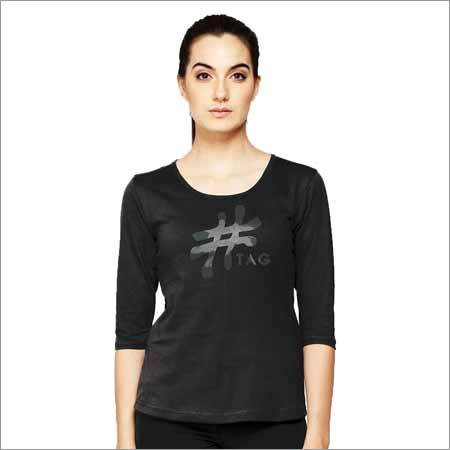 Hash Tag Women's Printed Round Neck 3-4th Sleeve Asphalt Grey T-Shirt