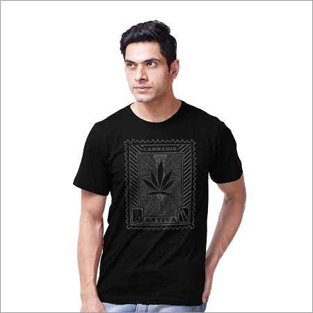 Cannabis Stamp Men's Printed Round Neck Half Sleeve Black T-Shirt