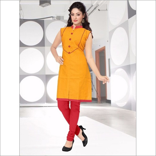 Ladies Cotton Kurtis - Large and XL Sizes, Yellow Plain Sleeveless Design for Women