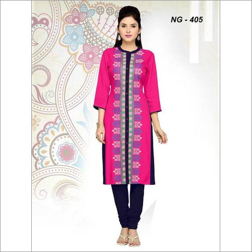 Cotton Embroidered Kurti - Cotton, 3-4th Sleeve, Pink Color | Printed Pattern for Ladies, Simple Yet Elegant Design