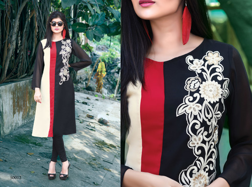 Designer Kurtis - Printed Long Sleeve in Black and Mix | Simple Style for Ladies, Available in L and XL Sizes