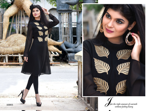 Fancy Kurti - Printed Long Sleeve, Size L & XL | Simple Style in Elegant Black