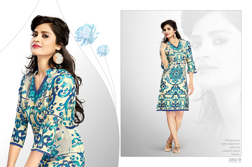 Tunic Kurti - Cotton Blend, Size L/XL, White and Mixed Color | 3-4th Sleeve, Printed Pattern, Simple Style for Ladies