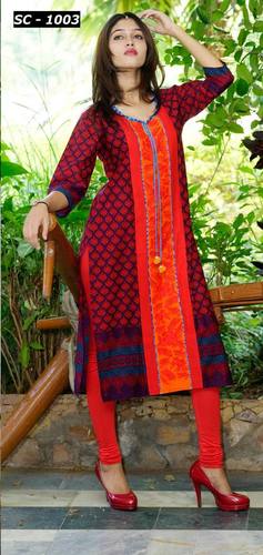 Cotton Embroidered Kurti - Cotton, [L, XL] , Orange Color, 3/4th Sleeve Style, Printed Pattern, Simple Design for Ladies