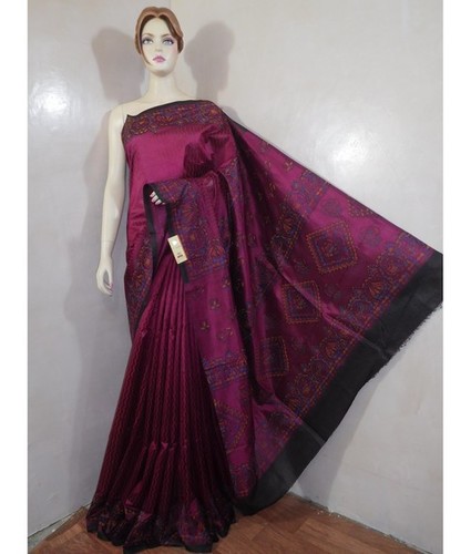 Pure Dupion Silk Sarees - 100% Pure Silk Material, 6.40 Mtrs Length, Maroon Color | Handwoven with Madhubani Hand Block Print, Perfect Finish, Lightweight, Elegant Look, Easy to Wash