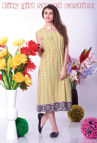 Yellow Printed Crepe Kurtis