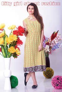Yellow Printed Crepe Kurtis