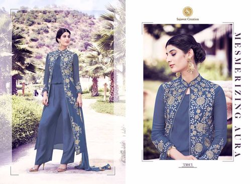 Embroidery Long Suit - Georgette Fabric, Full Sleeves, Violet with Red Thread Work & Santoon Inner