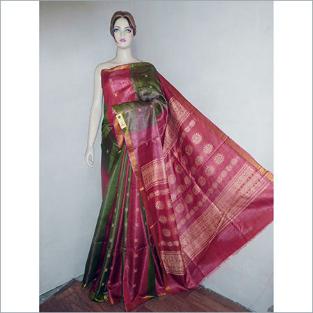 Pink And Green Raw Tussar Pure Silk Saree