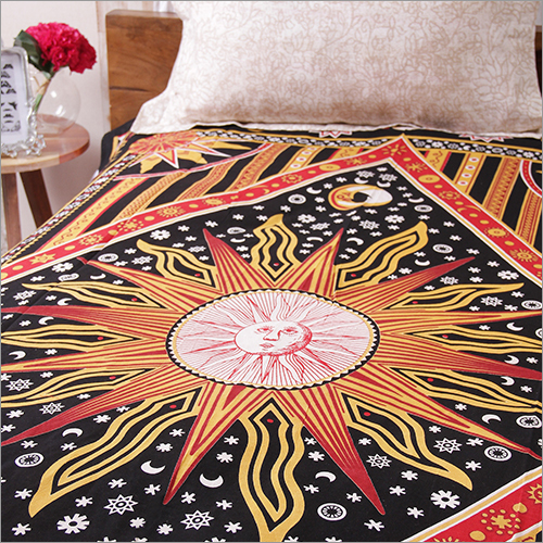 Yellow Cotton Sanganeri Sun Print Bedsheets Bed Covers Hippie Bohemian Tapestry Wall Hanging