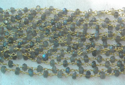 Labradorite Beaded Chain - 1 Feet Faceted Rondelle Design | Natural Grey Stone, Wire Wrapped