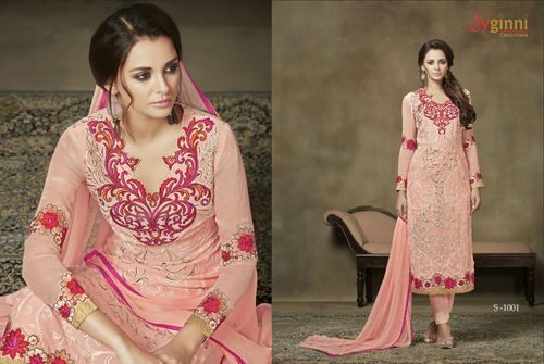 Peach Georgette Suit - Fully Embroidered, Zari Work & Lace Detailing | Customizable Sizes 34-46, Full Sleeves, Santoon Inner