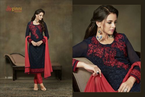 Georgette Suit - Navy Blue and Red with Fully Embroidered Lace Work | Customizable Sizes 34-46, Full Sleeves, Matching Nazmine Chiffon Dupatta