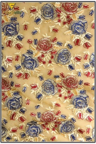 Embroidery With Zari Work Fabric (733) - Net Fabric, 44 Inches, Beige Red Blue, Double Shade Zari Work, Floral Embroidery