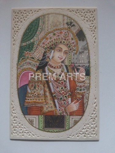 Queen Mumtaj Painting On Carved Plate Medium: Water Color