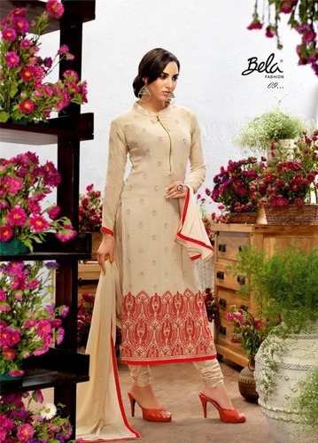 Cream Georgette Salwar Kameez - Full Sleeve, Embroidery Work & Thread Work | Customizable Size 34-46, Crepe Inner & Silk Bottom, Matching Chiffon Dupatta