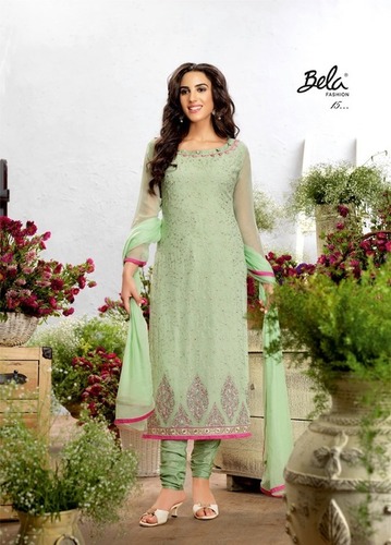 Green Georgette Churidar Suit - Embroidered Design with Full Sleeves, Crepe Inner & Silk Bottom, Matching Chiffon Viscose Dupatta