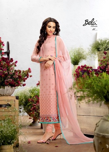 Peach Georgette Churidar Suit - Embroidered With Thread Work, Full Sleeves, Customized Sizes 34 To 46