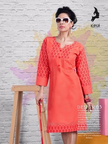 Printed Designer Cambric Cotton Kurti - Cotton, Size L/XL, Orange | 3-4th Sleeve, Printed Pattern, Simple Style for Ladies