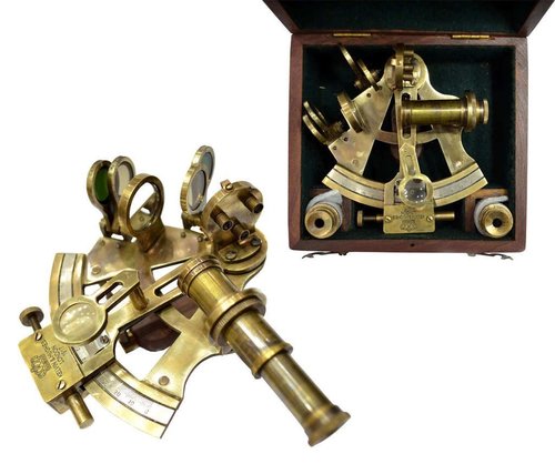 Replica Sextant in Wooden Box With Two Telescopes Maritime Decor