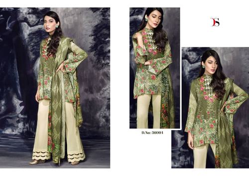 Fashion Designer Salwar Kameez Suit - Spandex Material, Green and Cream Color | Digital Printed Pashmina Dupatta & Shawl, Full Sleeves, Washable, Dry Clean Only