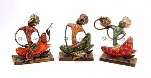Metal Iron Handcrafted Colorful Sitting Musicians Showpiece Figurines Home Decor - Set Of 3