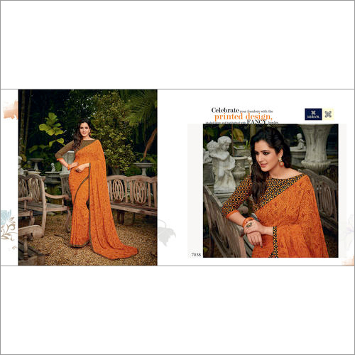 Printed Daily Wear Saree - Georgette Material | Orange Color, Printed Pattern, Bollywood Style, Suitable for Rainy, Spring, Summer, and Winter Seasons