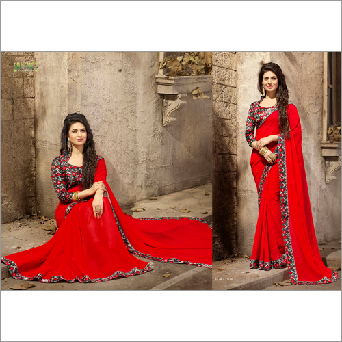 Georgette Saree - Printed Fancy Jaquard Work, Lace Border Art Silk Blouse, Red Color for All Seasons