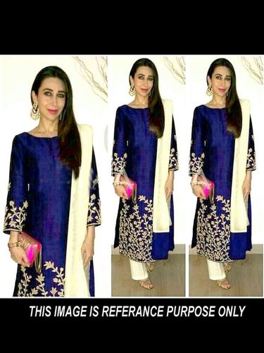 DESIGNER SALWAR SUIT - Cotton Top & Bottom, Chiffon Dupatta, Blue, Free Size Up To 42" | Embroidery Work, Long Gown, Wedding & Party Wear