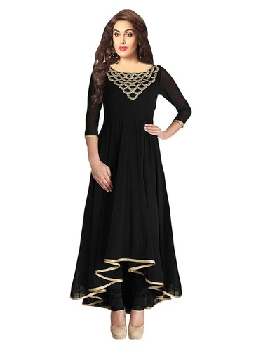 DESIGNER SALWAR SUIT - Georgette Top, Santoon Bottom, Chiffon Dupatta, Free Size Up To 42", Black, Embroidery Work, Wedding & Party Wear