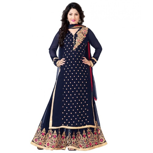 DESIGNER SALWAR SUIT - Georgette Silk Top, Santoon Bottom, Softnet Dupatta, Blue, Free Size Up to 42" | Embroidery Work, Wedding & Party Wear