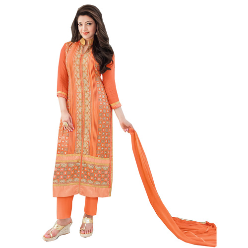 DESIGNER SALWAR SUIT - Georgette Silk, Santoon, Nazneen Dupatta, Orange, Free Size Up to 42" | Embroidery Work, Wedding, Party, Festive Wear