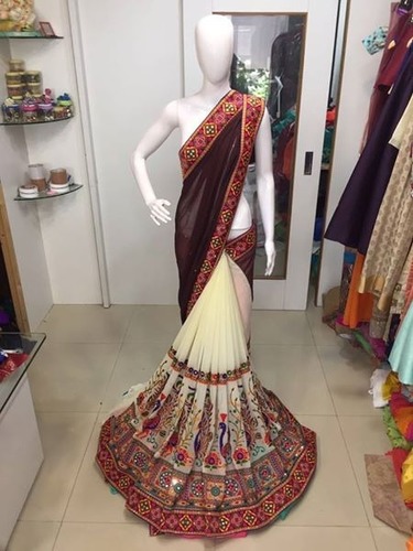 Party Wear Designer Saree - Georgette Fabric, Approx 6.30 Meters, Maroon and Cream with Heavy Border and Gamthi Work, Embroidery Style