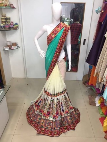 Stylish Designer Party Wear Saree - Georgette, Approx. 6.30 Meters, Green and Cream | Heavy Border, Gamthi Work, Embroidered Design