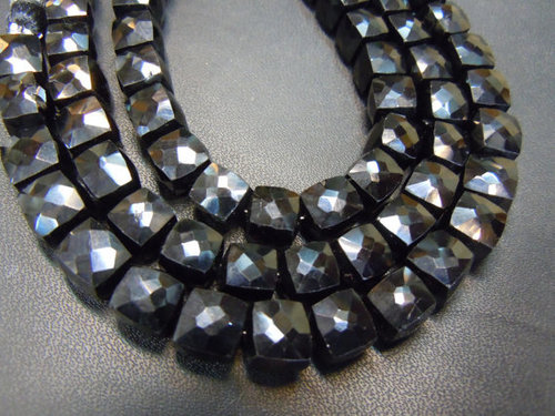 Faceted Box Beads - 8 Inch High Quality Natural Black Spinal Briolette, 7mm to 8mm Cushion Cut and Emerald Cut