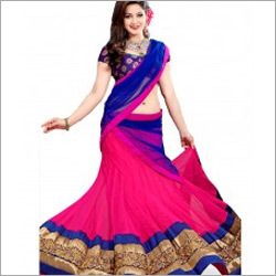 Pink and Blue Lehenga - Silk Blend, 40 Inches, Pink | Hand Embroidered, Zari Work, Elegant Design, Comfortable Fit