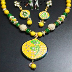 Yellow and Green Meenakari Necklace - Metal, 16-18 Inches, Yellow | Handcrafted, Intricate Detailing, Matching Earrings