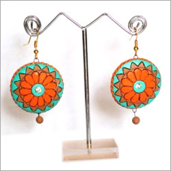 Orange and Cyan Terracotta Earrings - Round 25-30mm, Lightweight Hook, Handcrafted Durable Stylish Accessory
