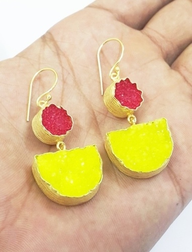 Same As Picture Red And Yellow Druzy Gold Plated Earring